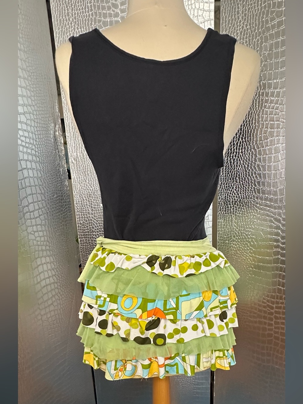 Luciano Padua Layered Ruffle Micro Mini Skirt in Green Print Made in Italy